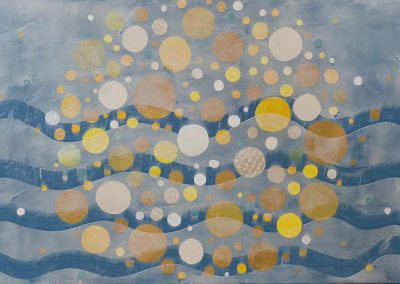 fine art painting collage cold wax blue yellow circles wood abstract art